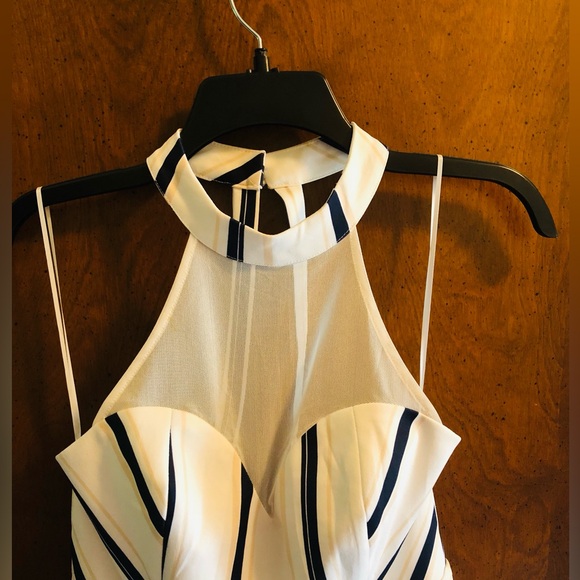 Luxxel size Large romper. Blue, white, tan stripes. Lined, mesh top. Sleeveless - Picture 7 of 7